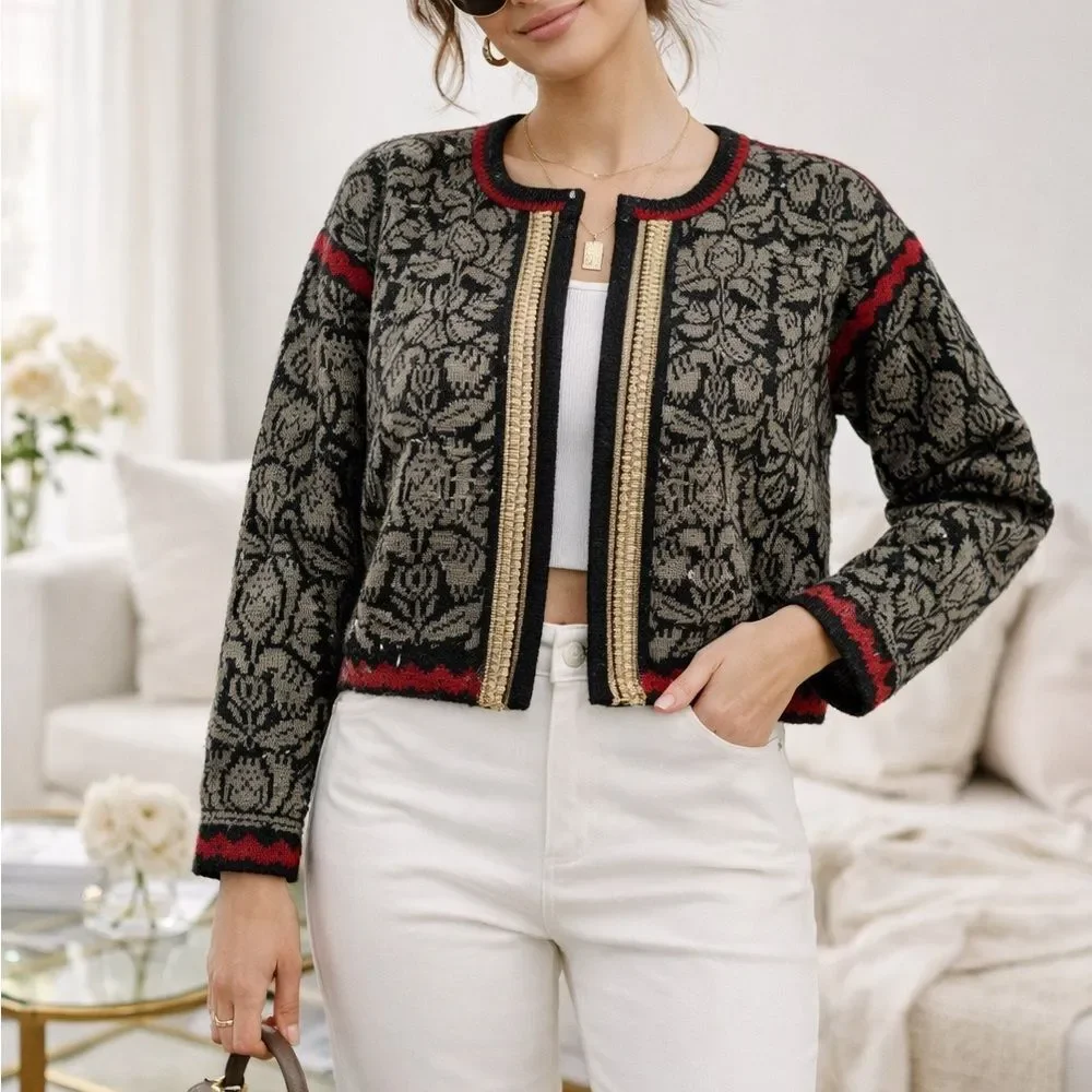Oleana The Norwegian Story Wool Cardigan – Olive Floral Knit, Vintage, Size M - Picture 3 of 7